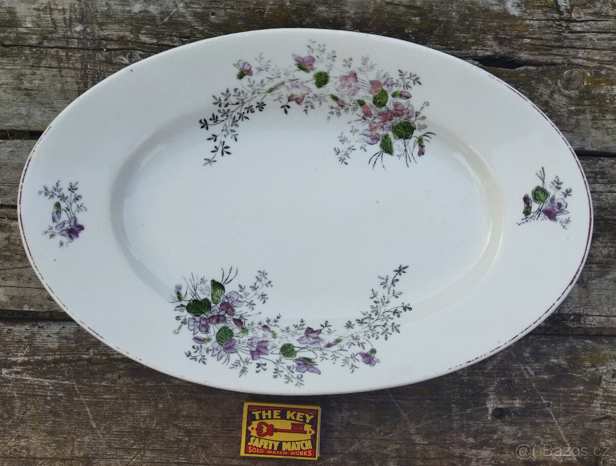 Starý oválný porcelánový tác s fialkami - 2
