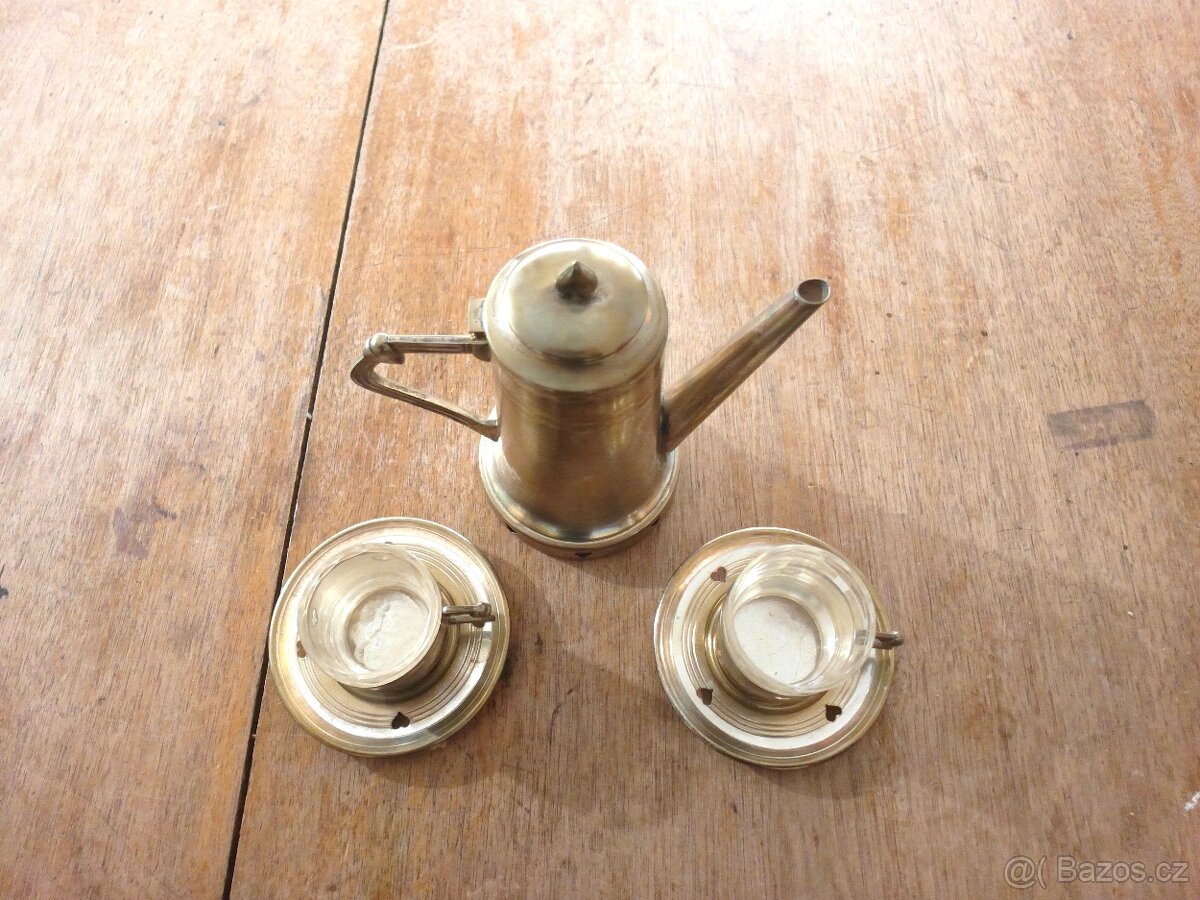 Starožitná kávová souprava - kov - sklo - 2