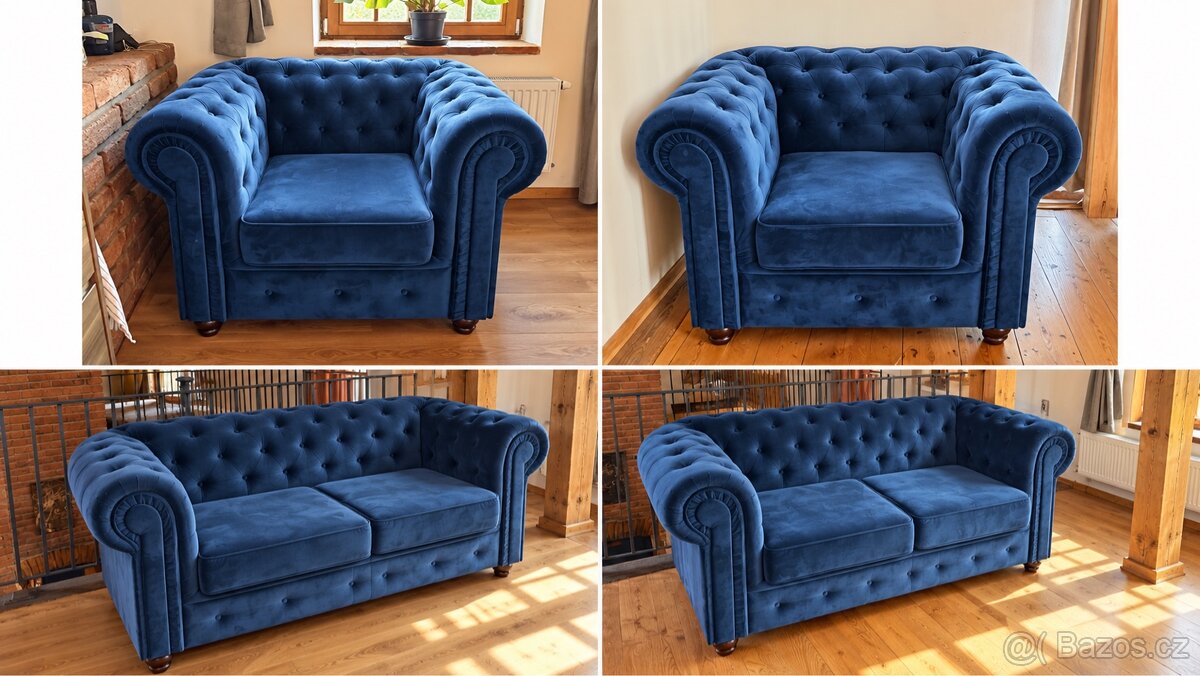 Chesterfield sedací souprava 1+1+2 – modrý samet - 2