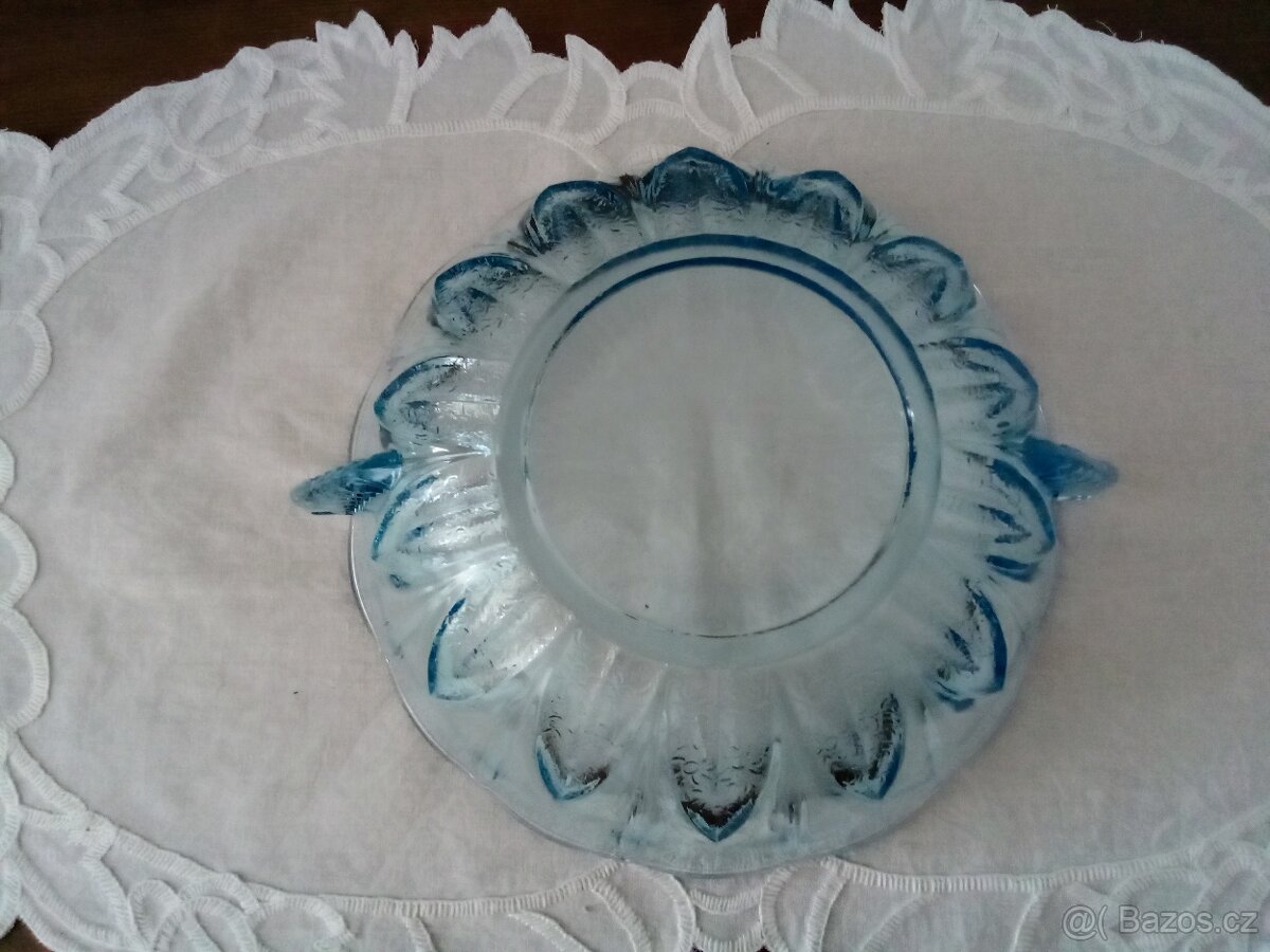 Starožitná art Deco mísa - akvamarinové sklo - 2