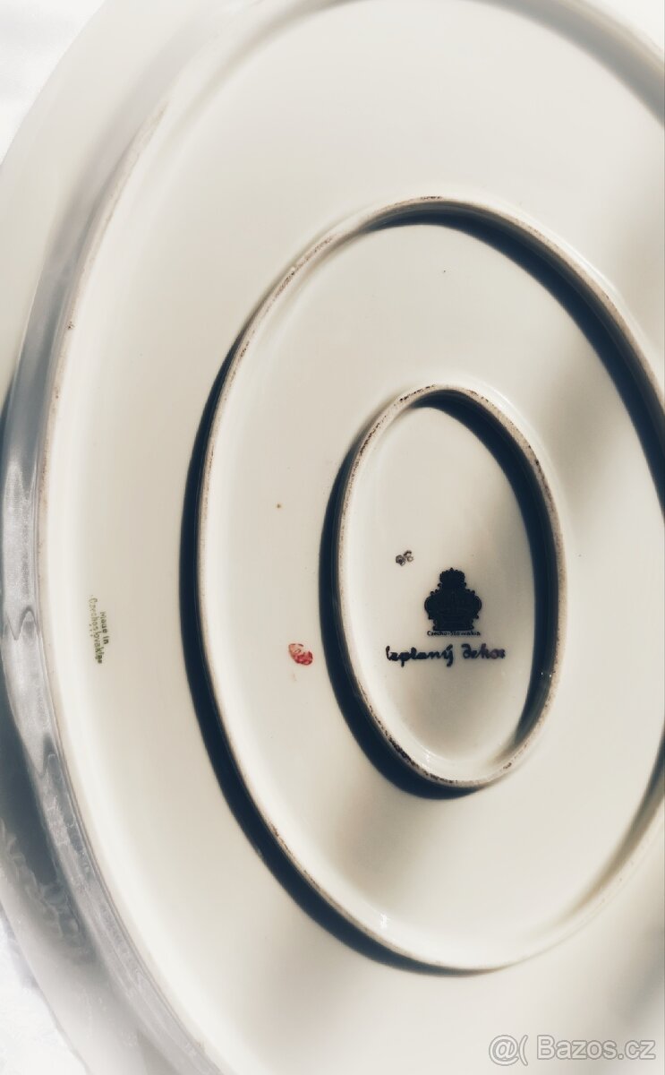 Starožitný oválný porcelánový tác s ruční malbou - 2