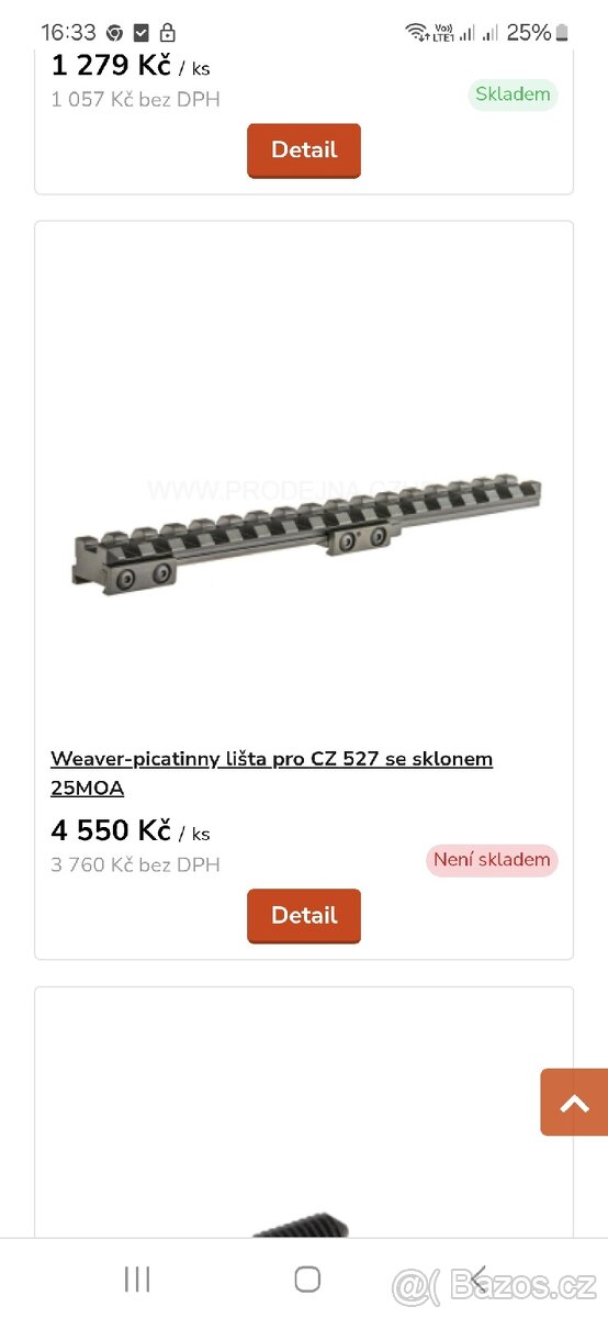CZ 527 Picatinny Orginal lišta 25moa - 2