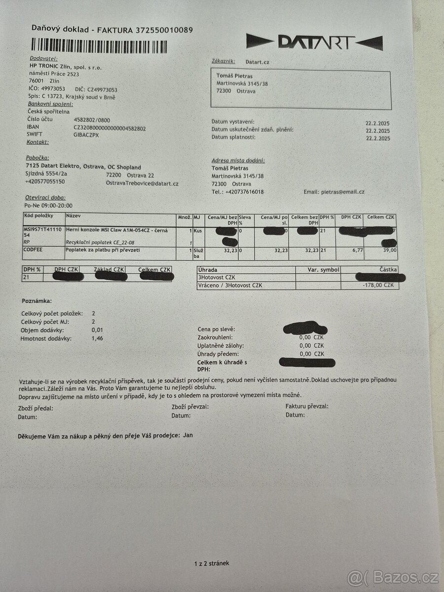 Prodám MSI Claw A1M-054CZ Intel Core Ultra 7/16GB RAM /1TB - 2