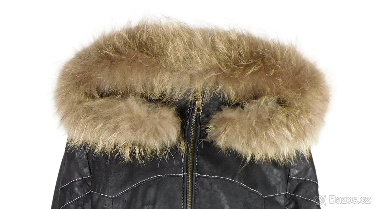 Kožená dámská černá zateplená bunda s pravou kožeš. L - 2