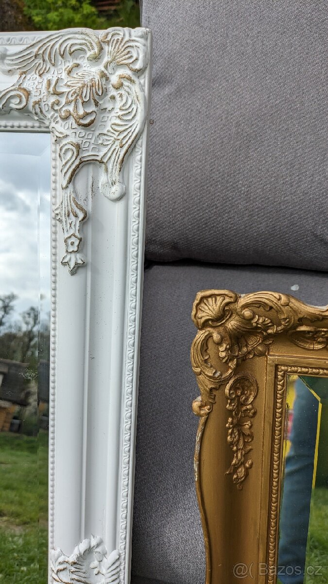 2 zrcadla, dřevěné rámy, zdobené a hladké, sklo brus faseta - 2