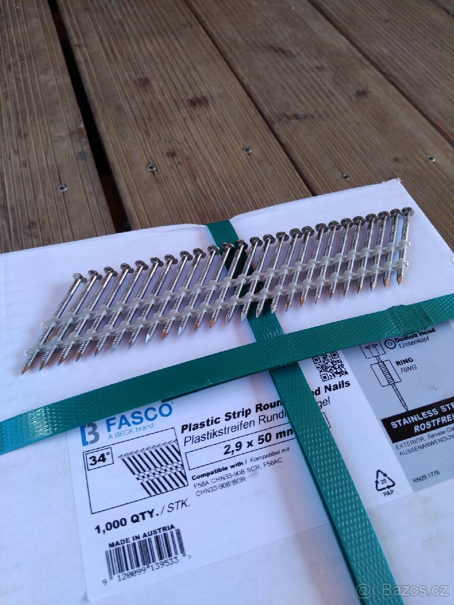Nerezové hřebíky 2,9×50 kroužkové 34° - 2