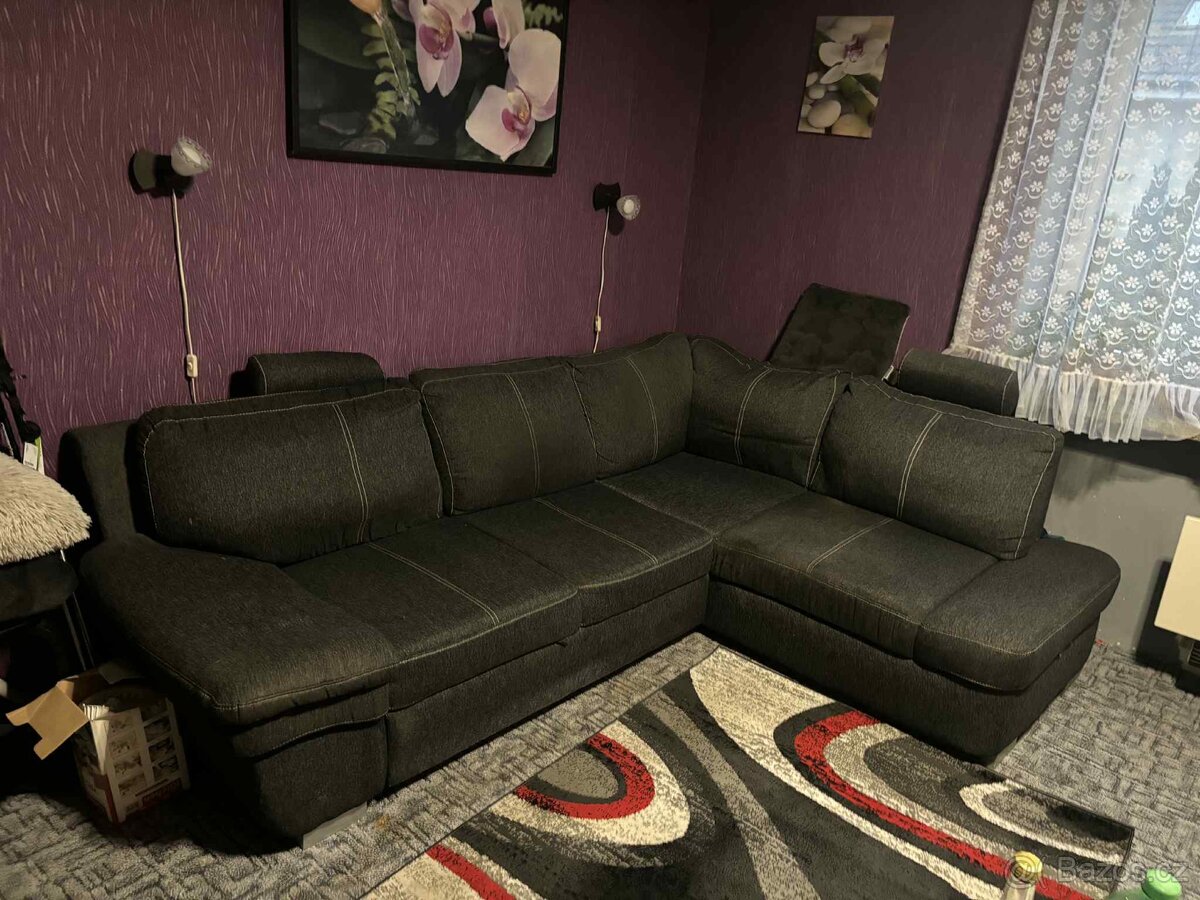 Sedací souprava černá L + Rozkládací pohovka - 2