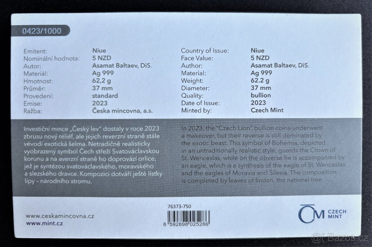 Stříbrná investiční 2oz mince Český Lev v číslovaném blistru - 2