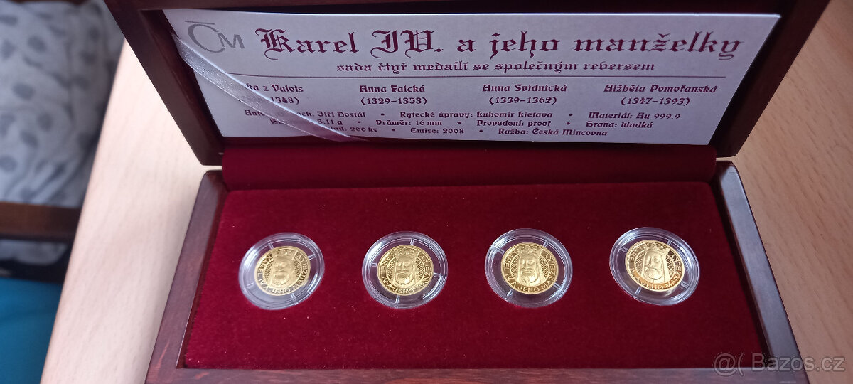 SADA 4 ZLATÝCH MEDAILÍ KAREL IV. A JEHO MANŽELKY, Au999/12,4 - 2