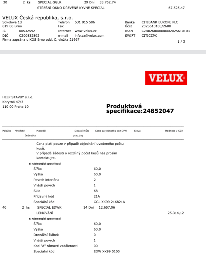 Velux okna - 600x600 vč. příslušenství - 2