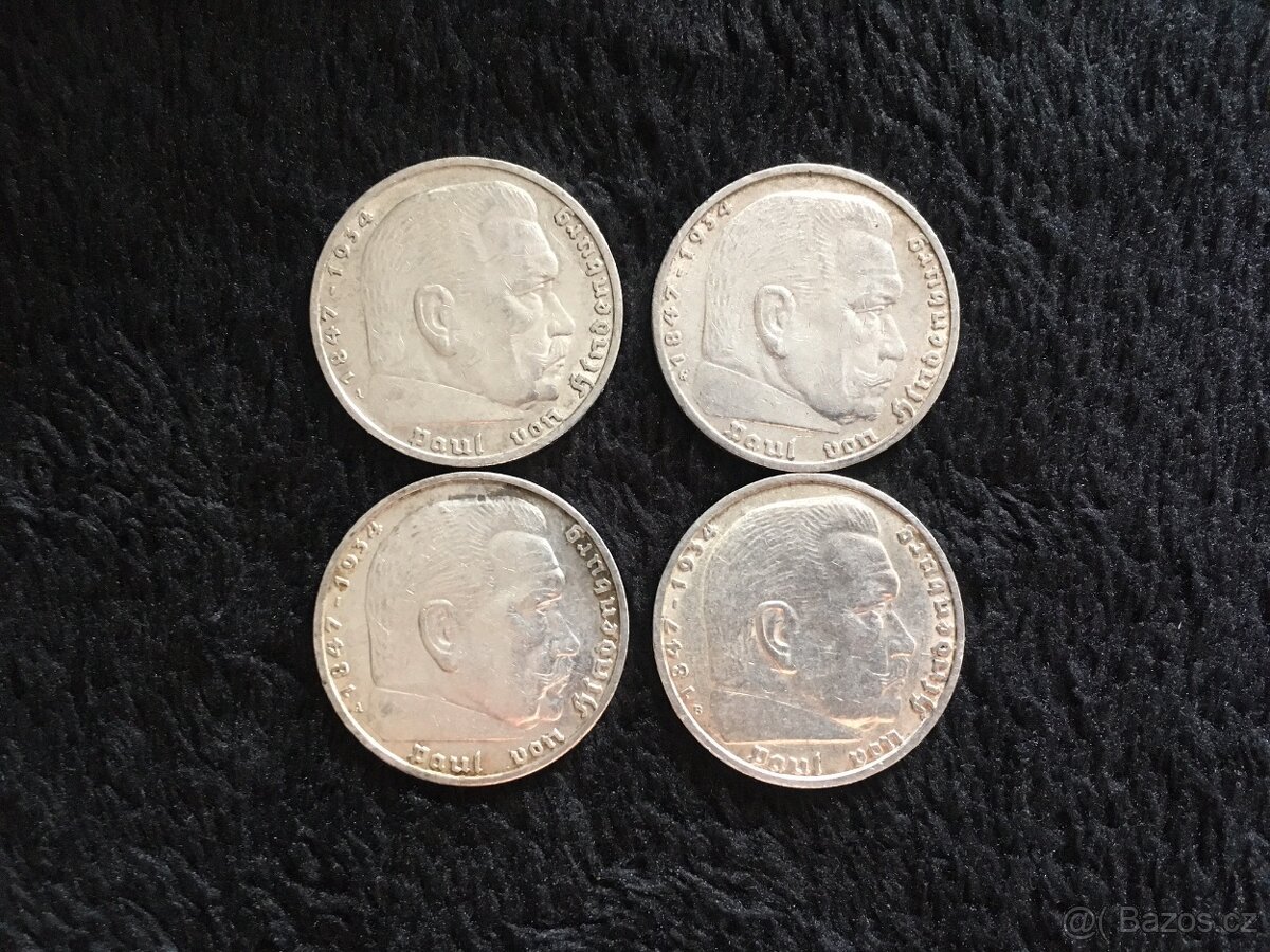 4 kusy 5 marek Třetí Říše Německo, každá mince jiná - 2
