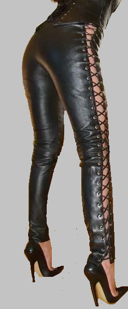Kožené Dámske Šnurovacie Čierne Nohavice - 2