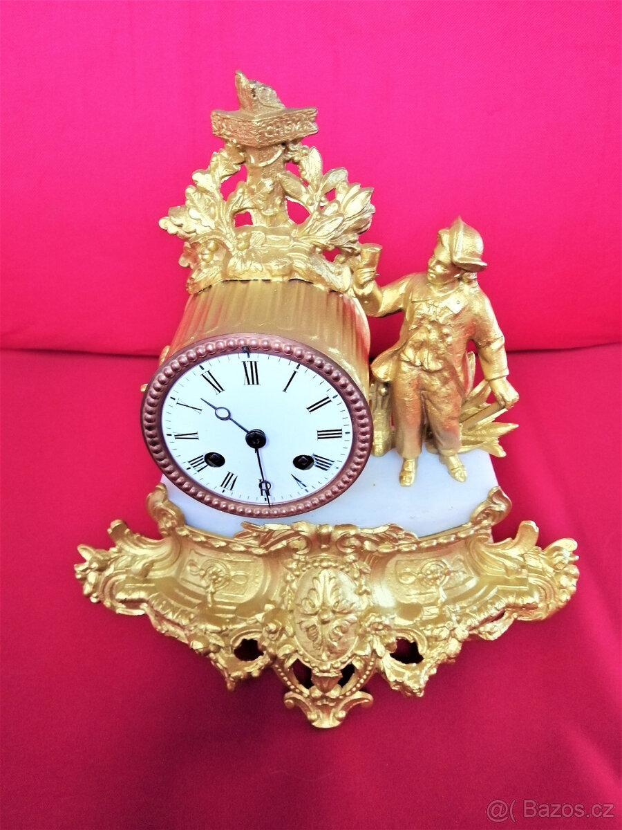 Starožitné zlacené krbové figurální hodiny, Francie 1870 - 2