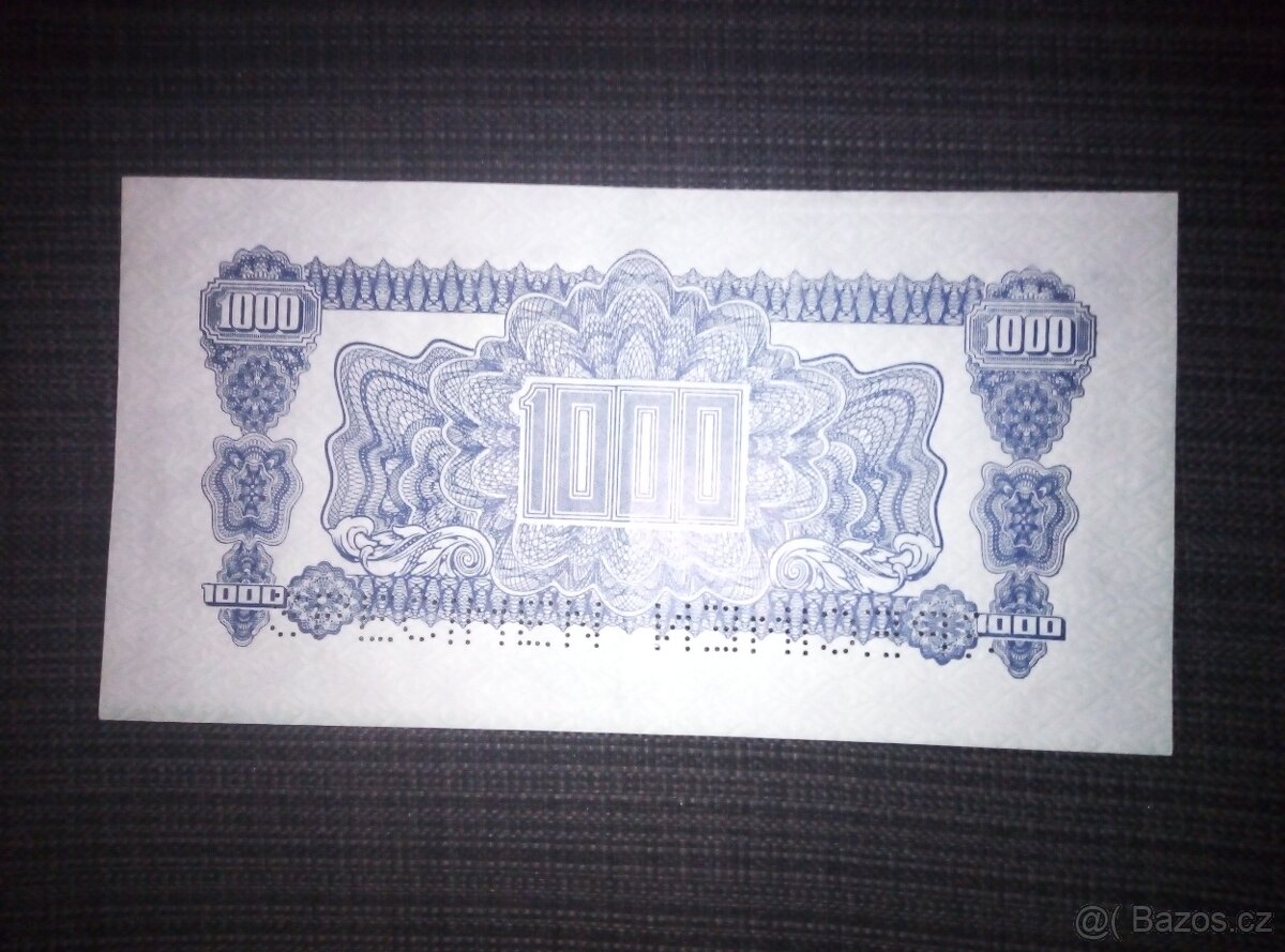 1000 korun 1944, luxusní stav téměř UNC s kolkem Masaryka, p - 2