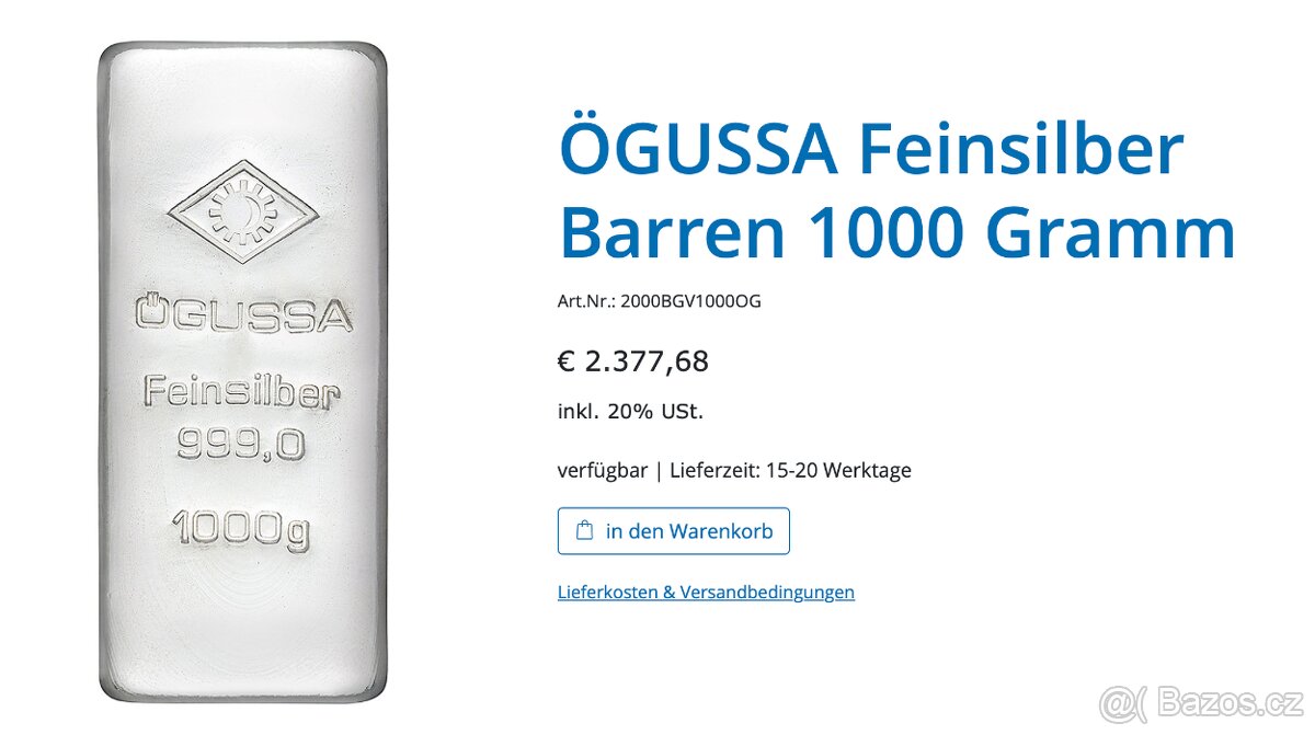 Stříbrný Investiční Slitek Ogussa 1kg - 2