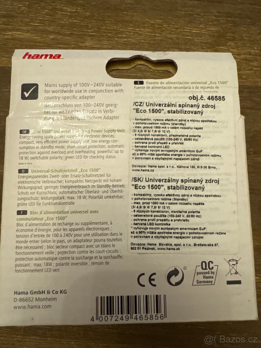 HAMA 46585 UNIVERZÁLNÍ NAPÁJECÍ ZDROJ ECO, 1500 MA - 2