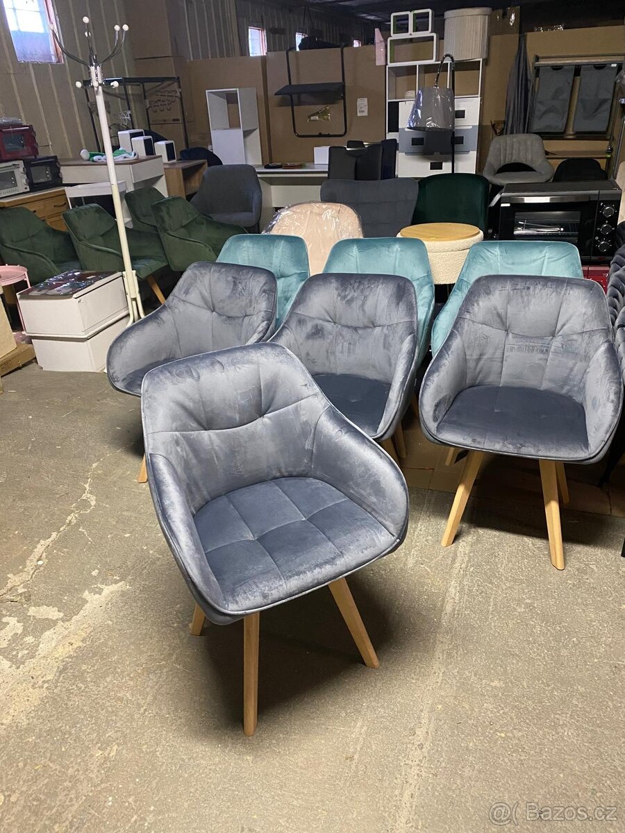 Nové jídelní křesílka šedé a zelené, velur, dřevo - 2