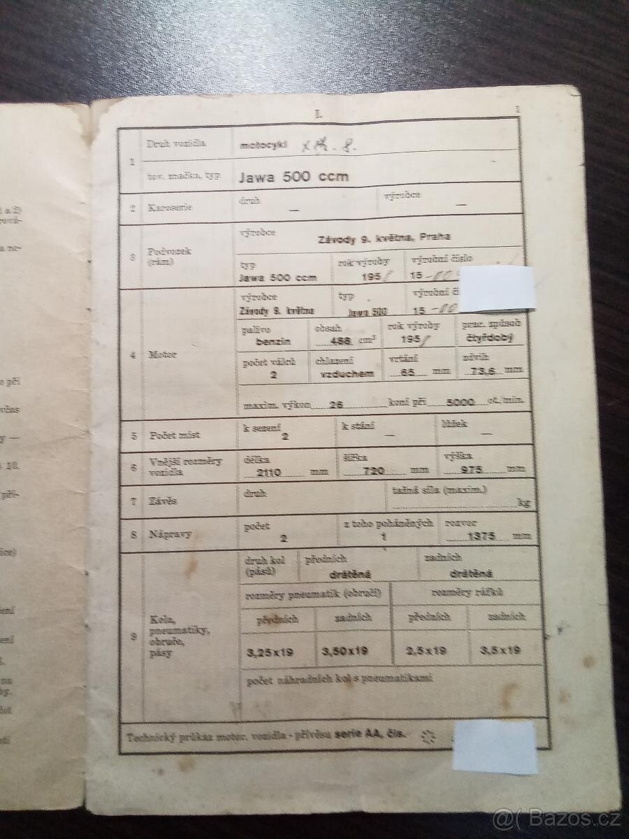 Jawa 500 OHC 02 1958 - technický průkaz TP - 2