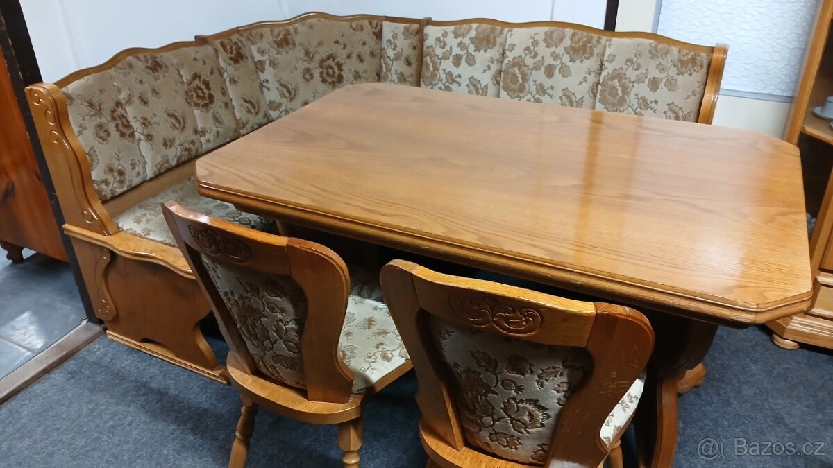 Masivní rustikální rohová lavice+2 židle+rozkládací stůl - 2