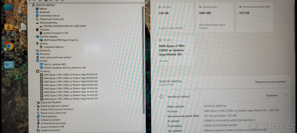 Dell, Ryzen 5 2500U 4/8x 3,60GHz, 16GB DDR4, 256GB SSD, 6hod - 2