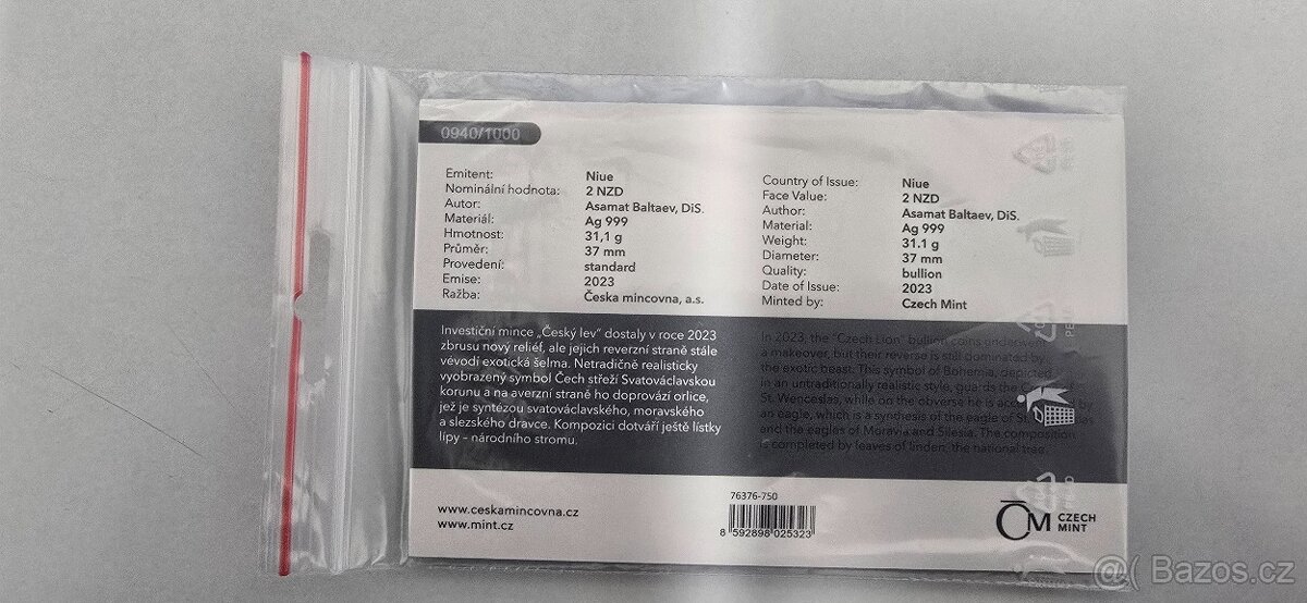 1oz 2023 Česky lev standard číslovany - 2