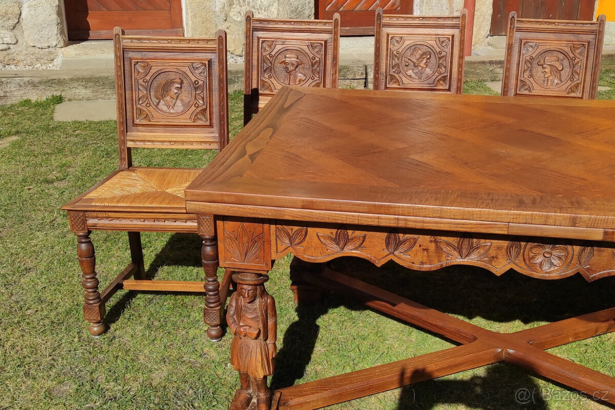Starožitný dubový rozkládací stůl a 6 židlí - 2
