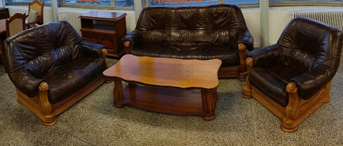 Rustikální kožená sedací souprava, 3 + 2 +1, masív - 2