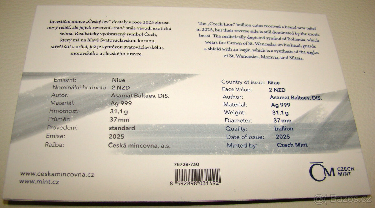 Stříbrná 1oz investiční mince Český lev 2025 stand - 2