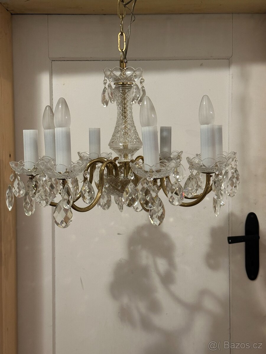 Křišťálový lustr – mosaz, 6 ramen, retro - 2