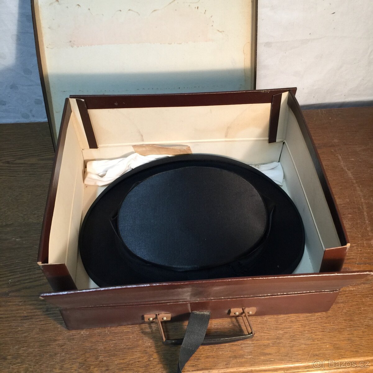 secesní cylindr starý skládací hedvábný klobouk rukavice - 2