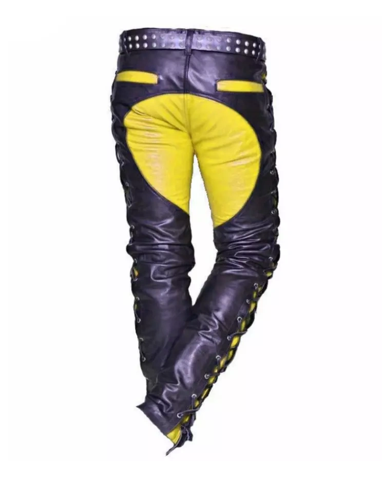 Moto Kožene Šnurovacie Nohavice Biele-Žlte - 2