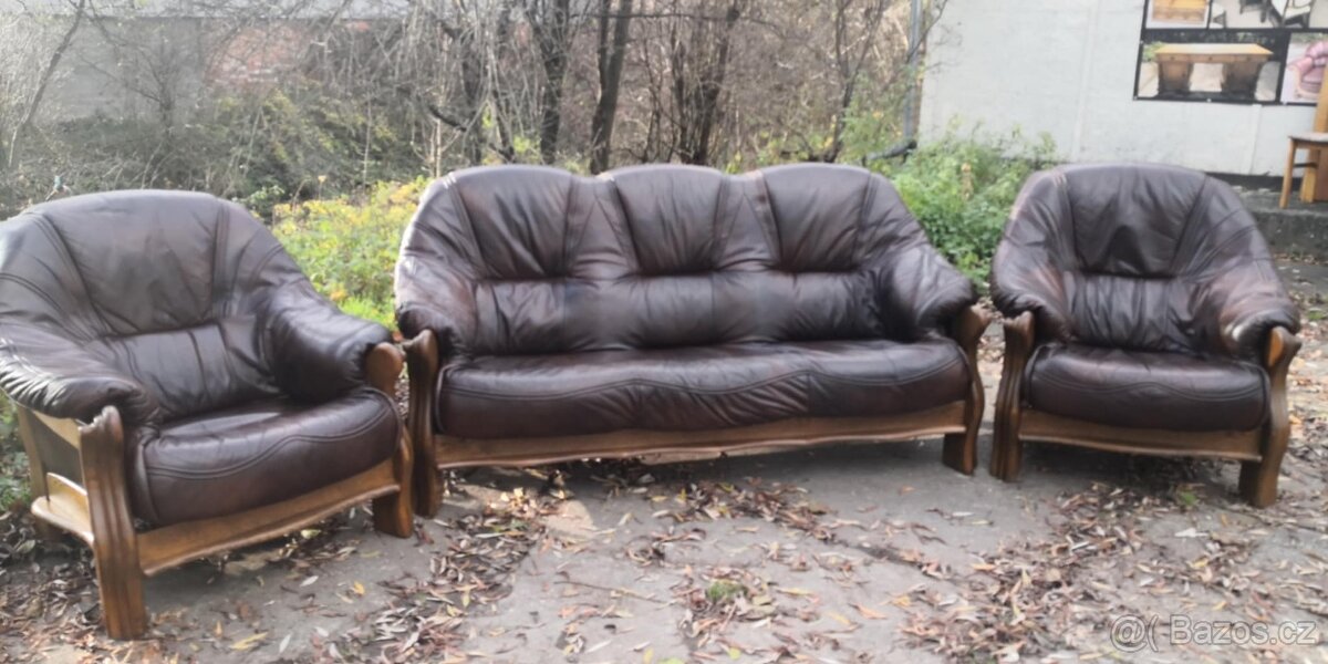 Kožená sedací souprava 3+1+1 s masivním dřevem - 2