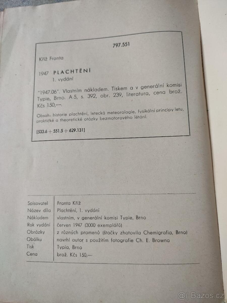 Kniha Plachtění - ,,, Franta Kříž 1947 - 2