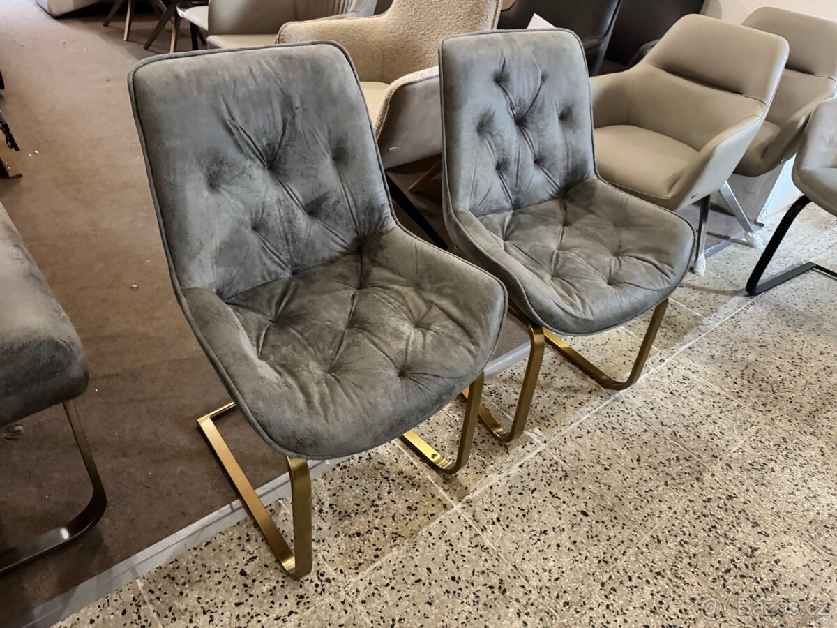 2x NOVÉ jídelní Šedé křesílka-židle zlatá podnož - 2