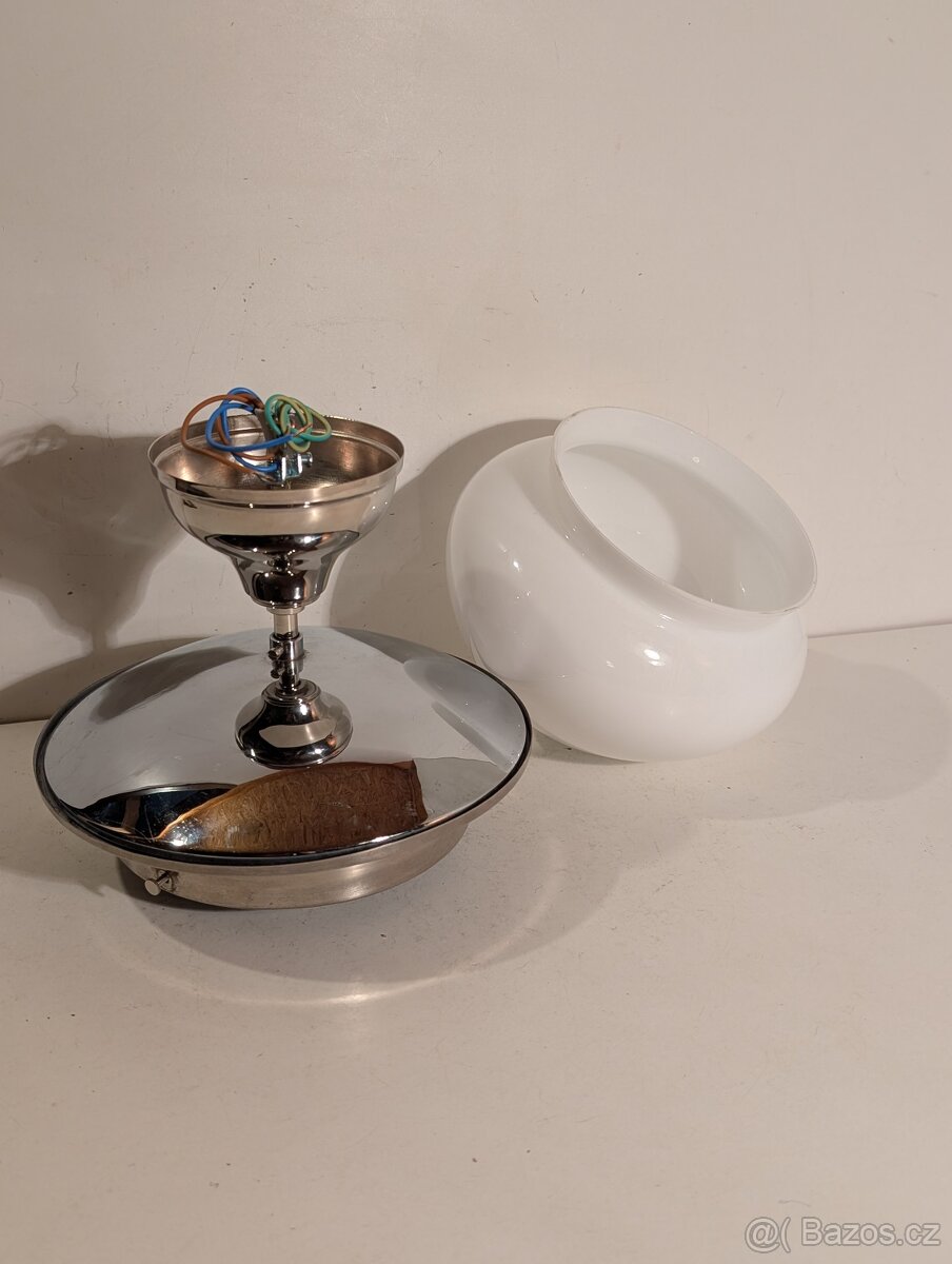 Art Deco lustr z niklované mosazi, bílé opálové stínidlo - 2