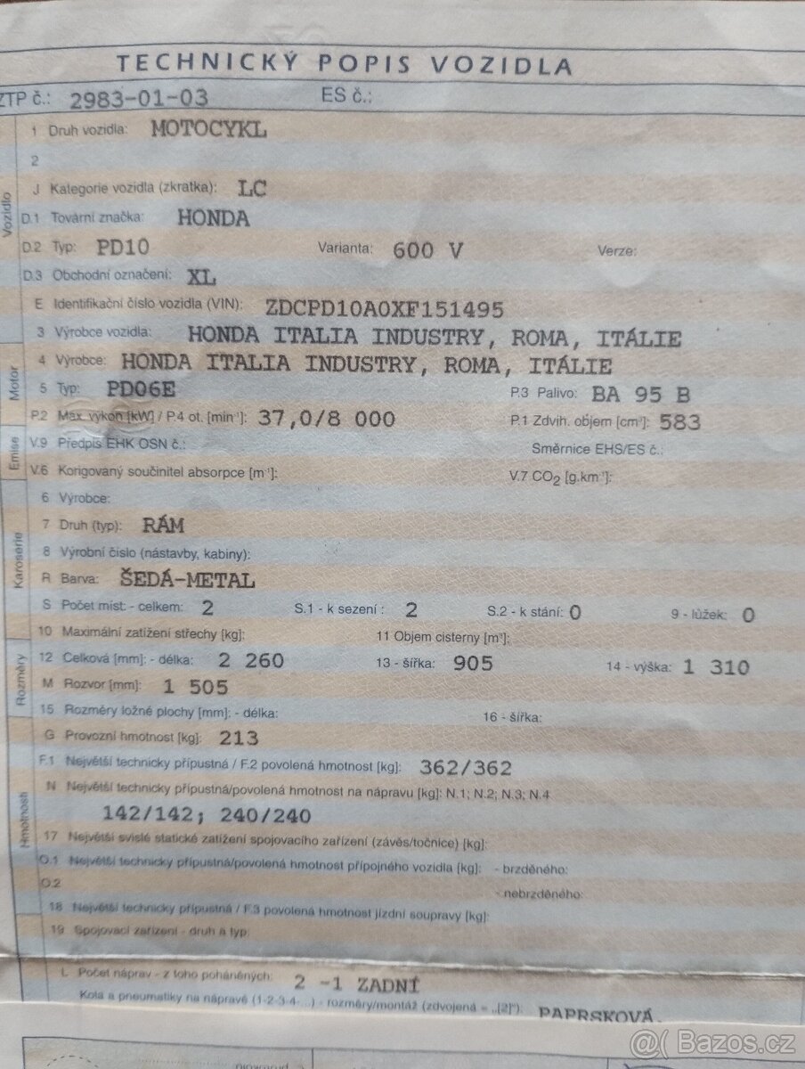 Prodám Honda xl 600 V r.v.99, nová stk