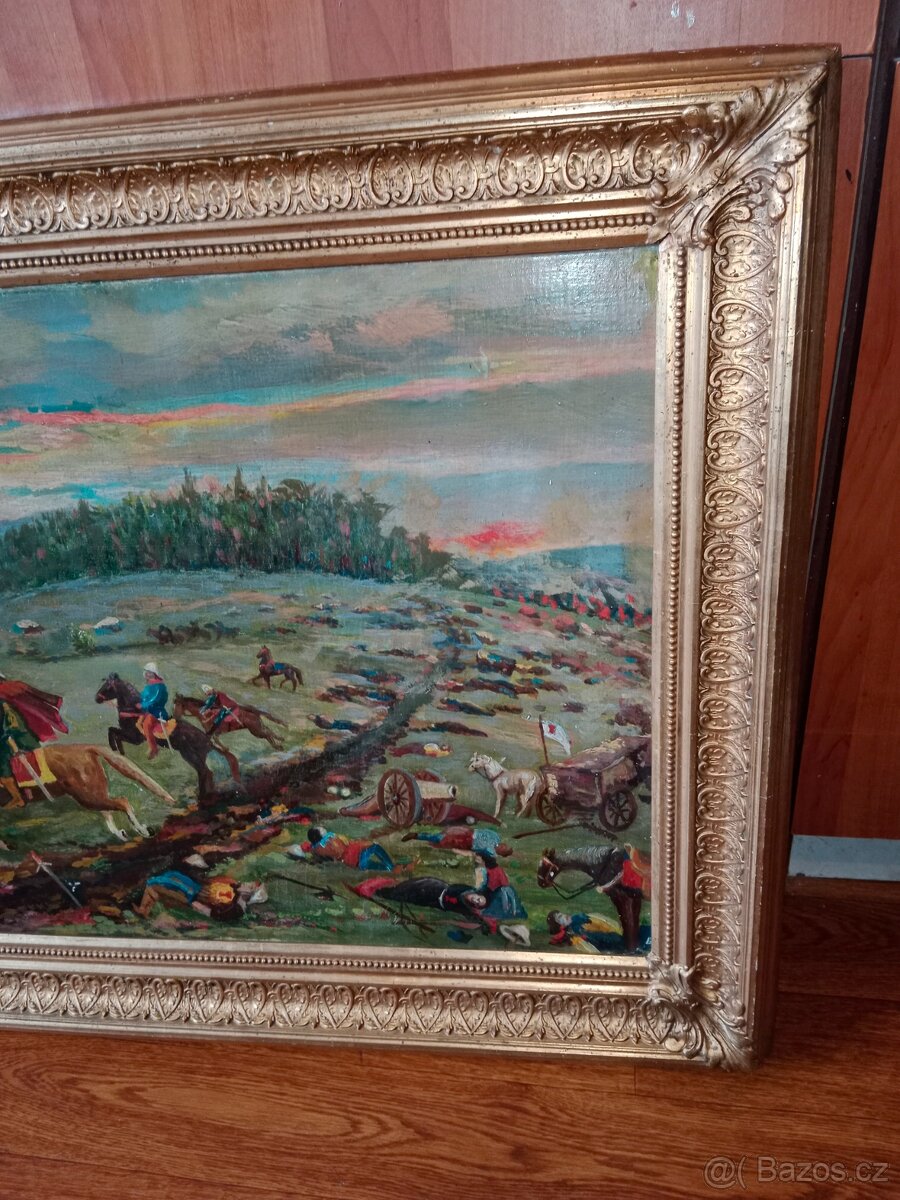 Pěkný,starý obraz-olej- bitva na poli - 2