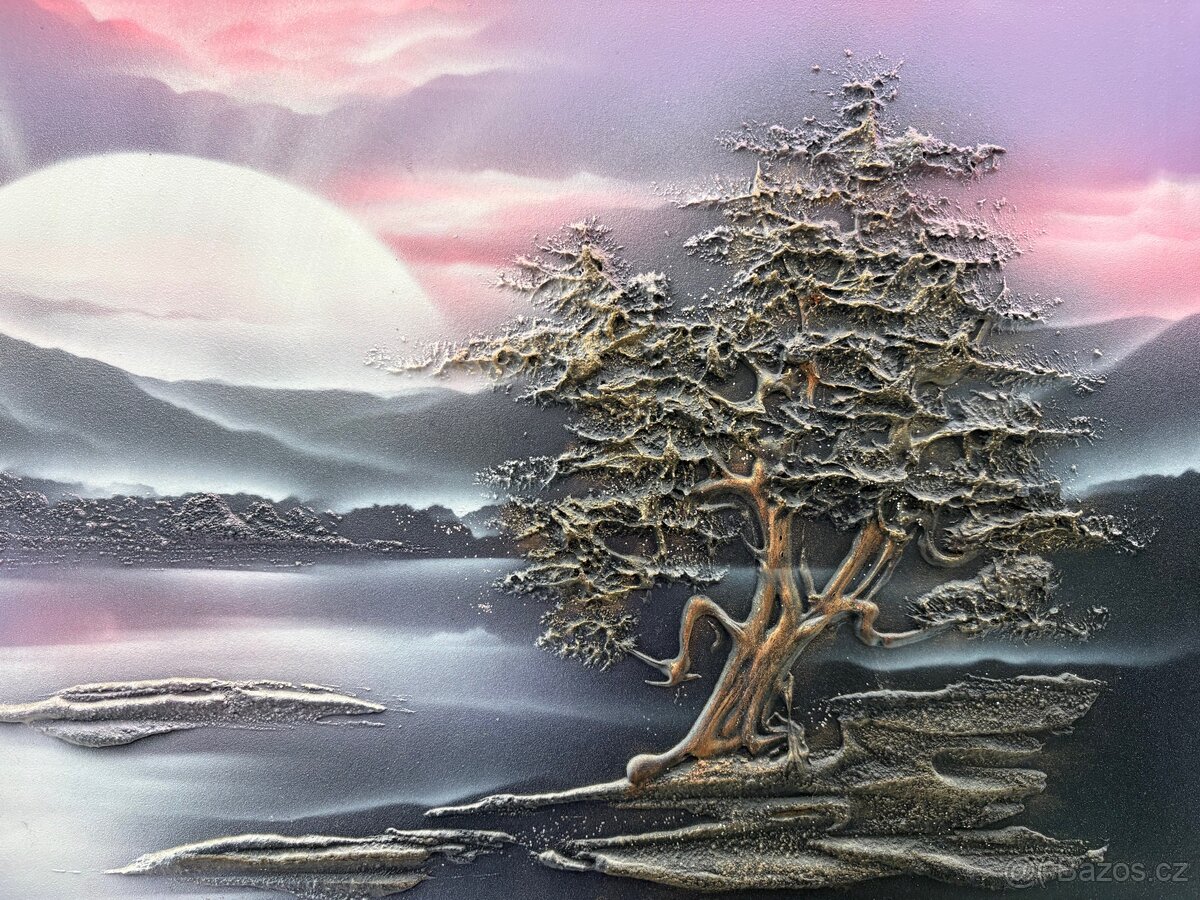 3D obraz jezero, hory, slunce - 2