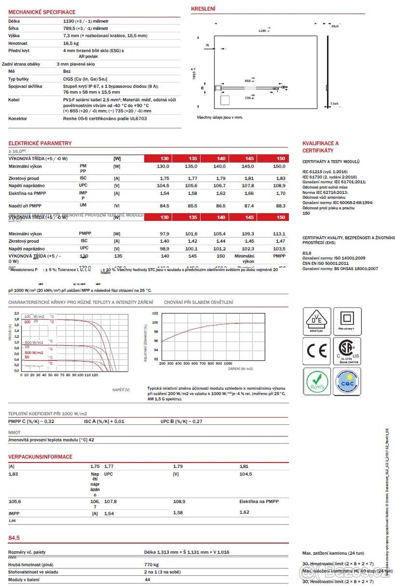 Prodám nové amorfní fotovoltaické panely Solibro SL2-145Wp - 2