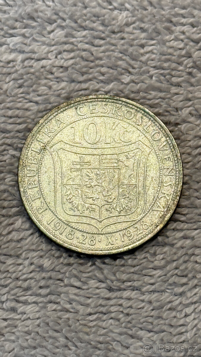 Stříbrná mince Československo – 10 Kčs 1928 (T. G. Masaryk, - 2