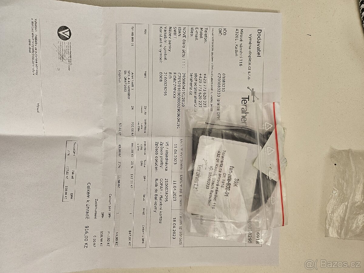 Acer Swift 3 SF314-41 ventilátor SN: OR471683 - 2