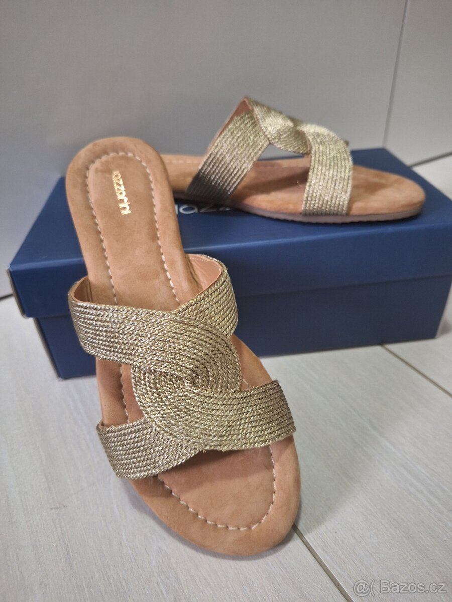 Nove kozene zlate bezove sandalky nazouvaky Lazzarini - 2