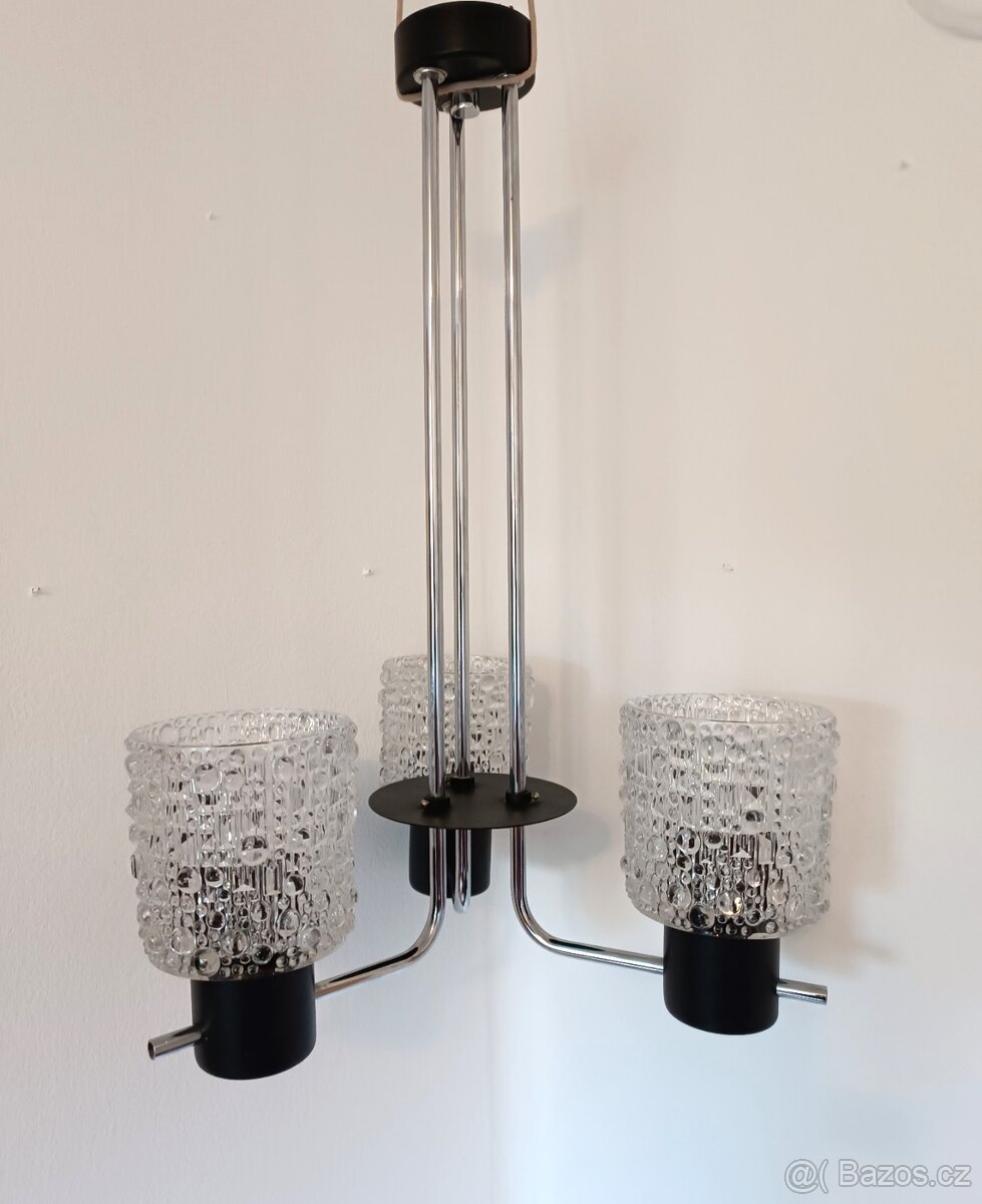 Tříramenný retro lustr 60. léta Elektroinstala-chrom,sklo - 2