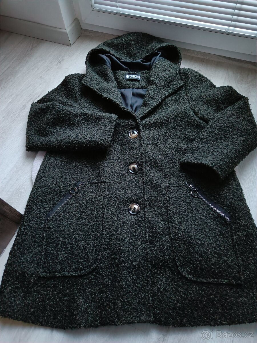 Dámský zelený zimní kabát s vlnou a kapucí, vel. L/XL - 2