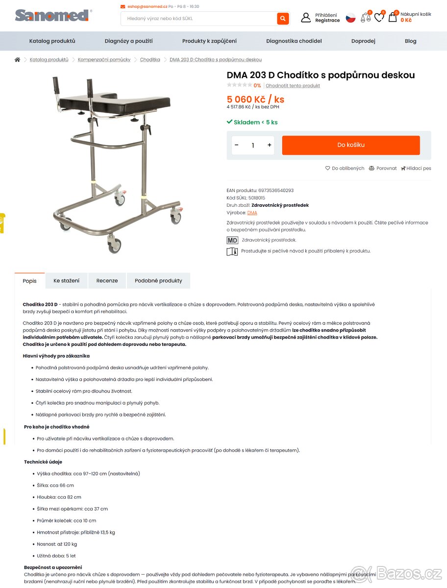 Vysoké chodítko s podpůrnou deskou; DMA 203 D; NOVÉ - 2