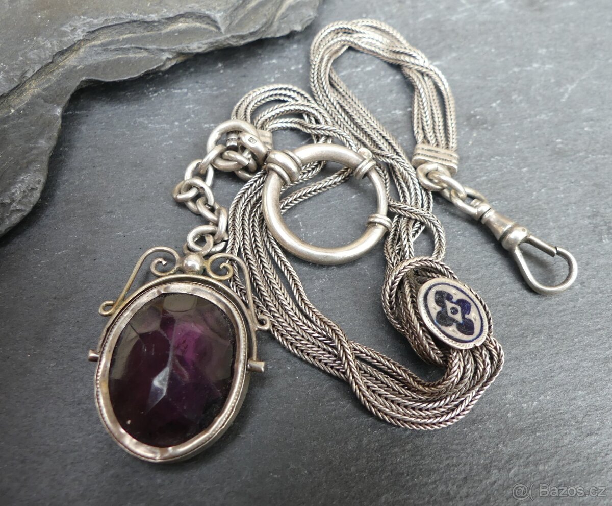 Stříbrný šatlén, řetízek na hodinky s přívěškem - 2