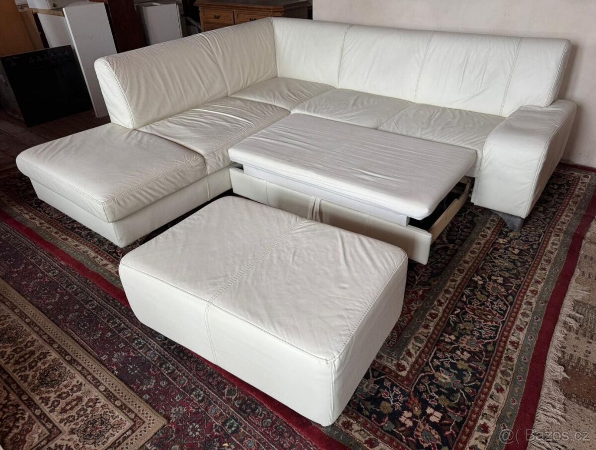 Bílá kožená rohová sedačka s taburetem,5979 - 2