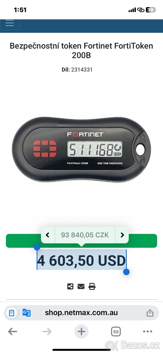 Bezpečnostní token Fortinet FortiToken 200B - 2