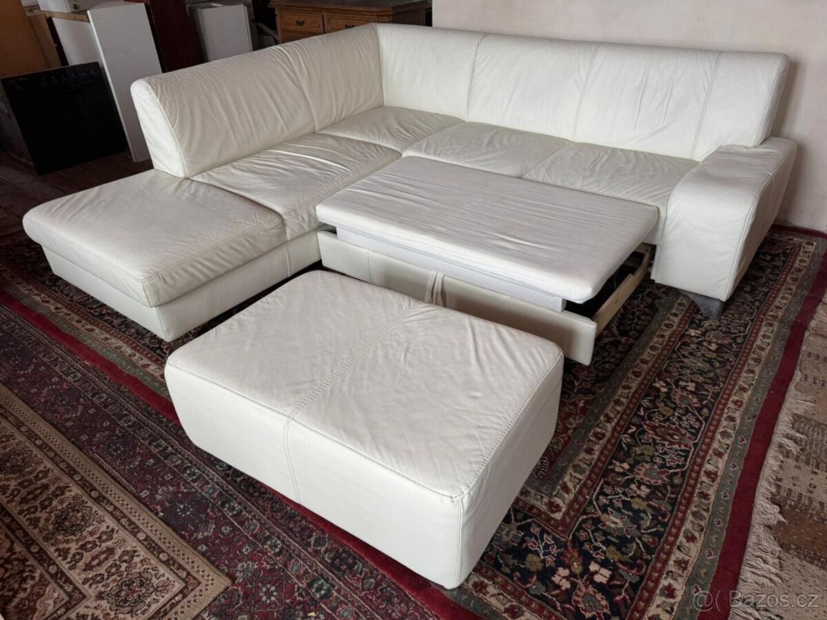 Bílá kožená rohová sedačka s taburetem,5979 - 2