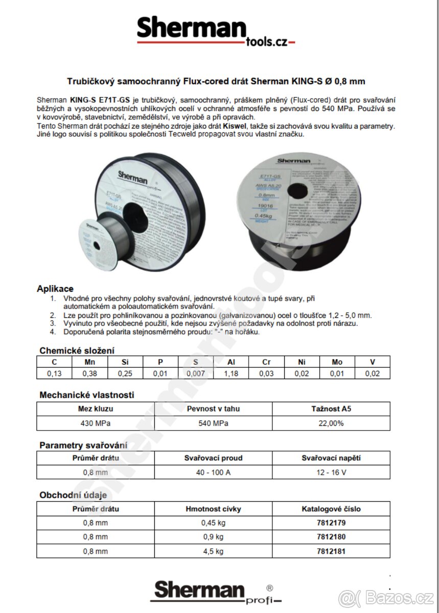Trubičkový svařovací drát Sherman 0,8 mm 4,5kg - 2